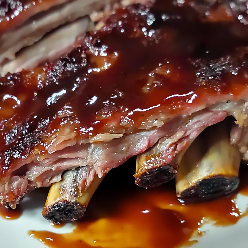 A BBQ rib with sauce on it.