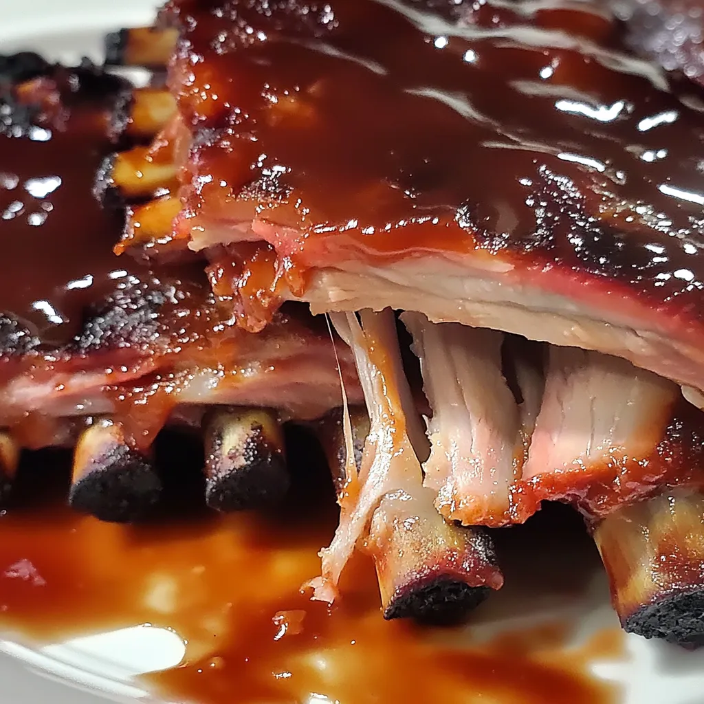 A close up of BBQ ribs on a white plate.