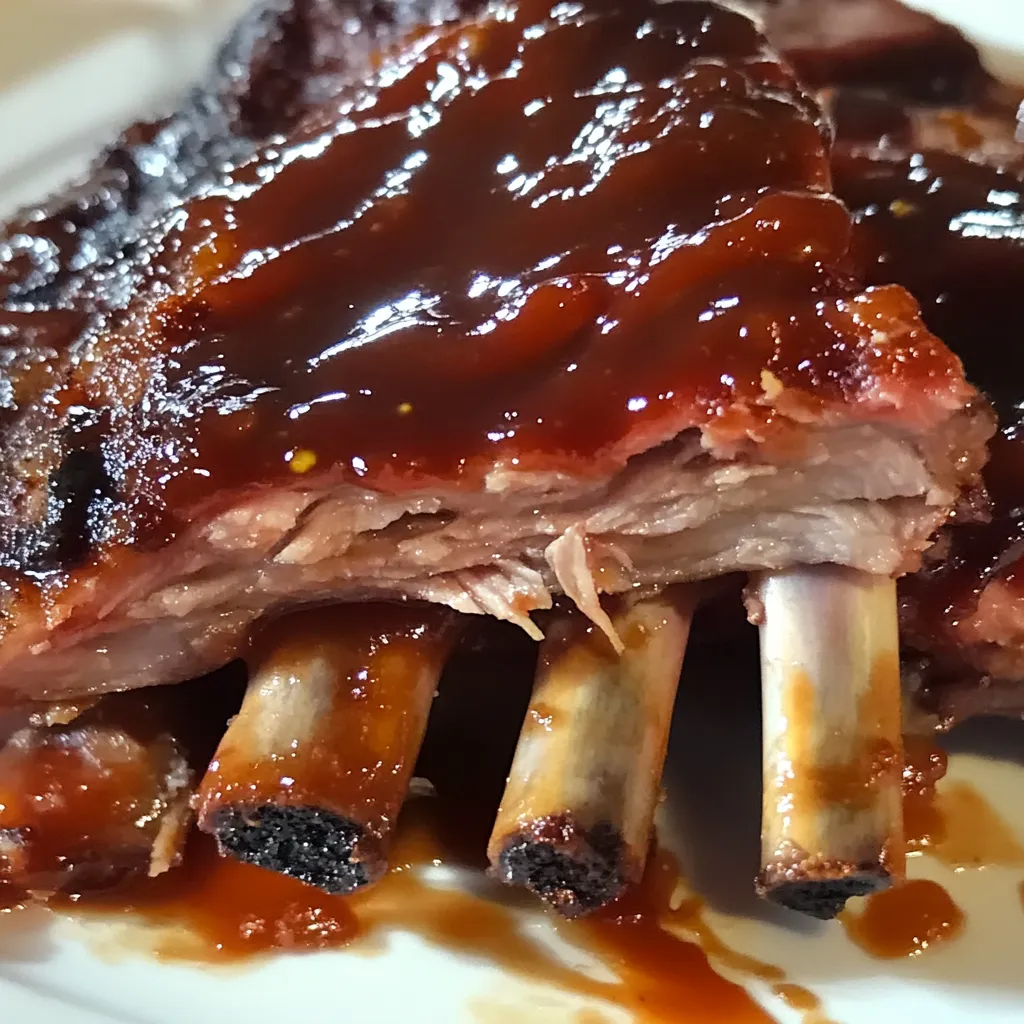 A close up of BBQ ribs with sauce.