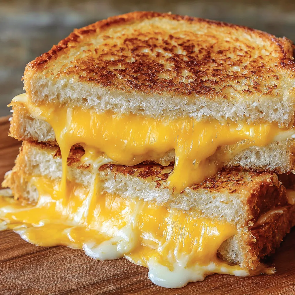 A grilled cheese sandwich with melted cheese.