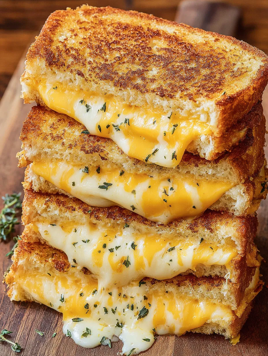 Three grilled cheese sandwiches stacked on a wooden table.
