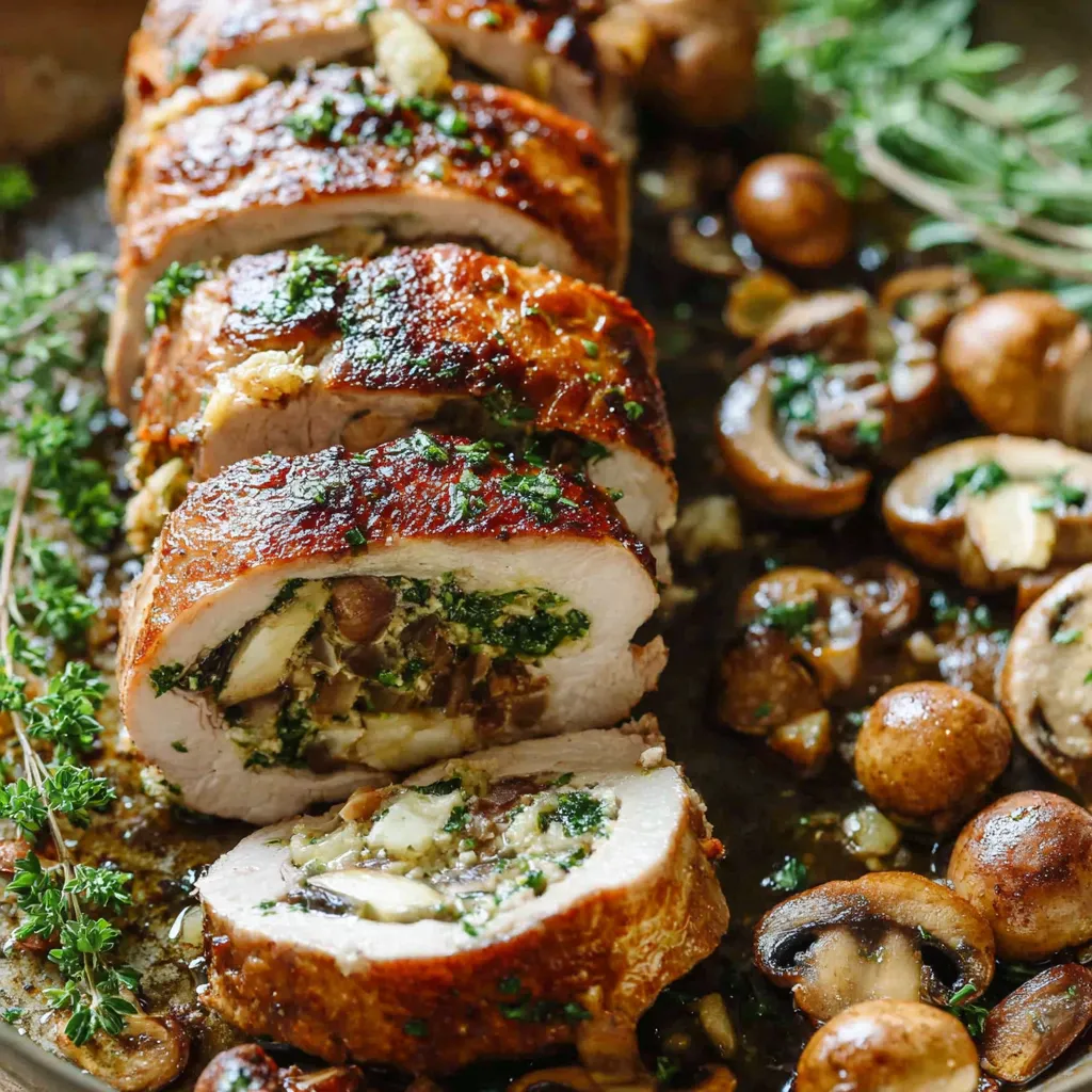 A stuffed pork tenderloin with mushrooms and herbs.