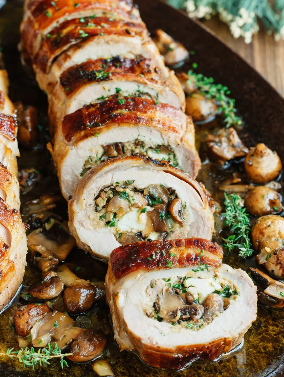 A stuffed pork tenderloin on a cutting board.