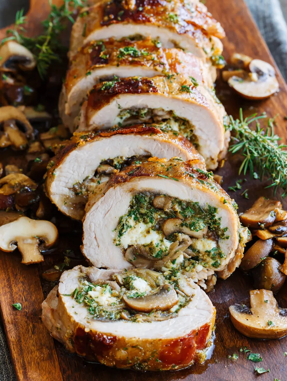 A stuffed pork tenderloin recipe with mushrooms and herbs.