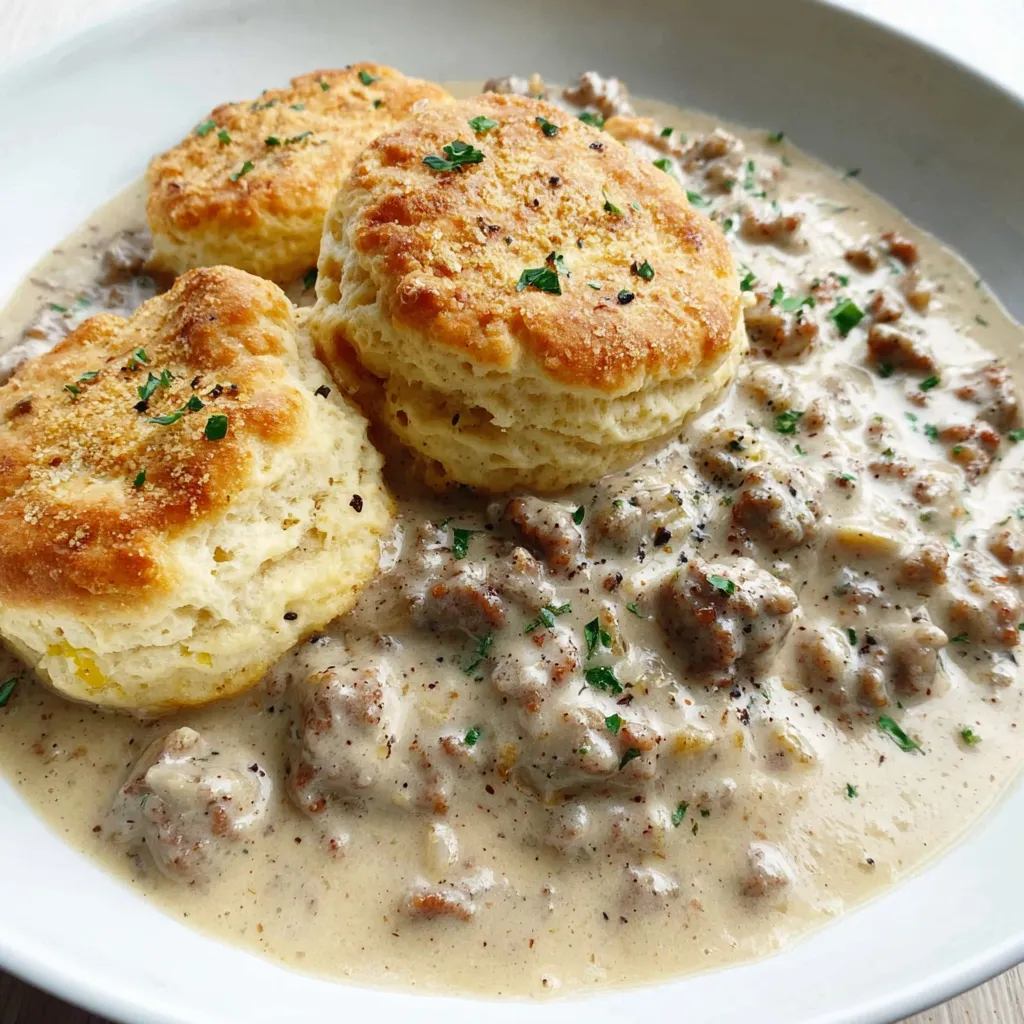 A plate of biscuits and gravy.