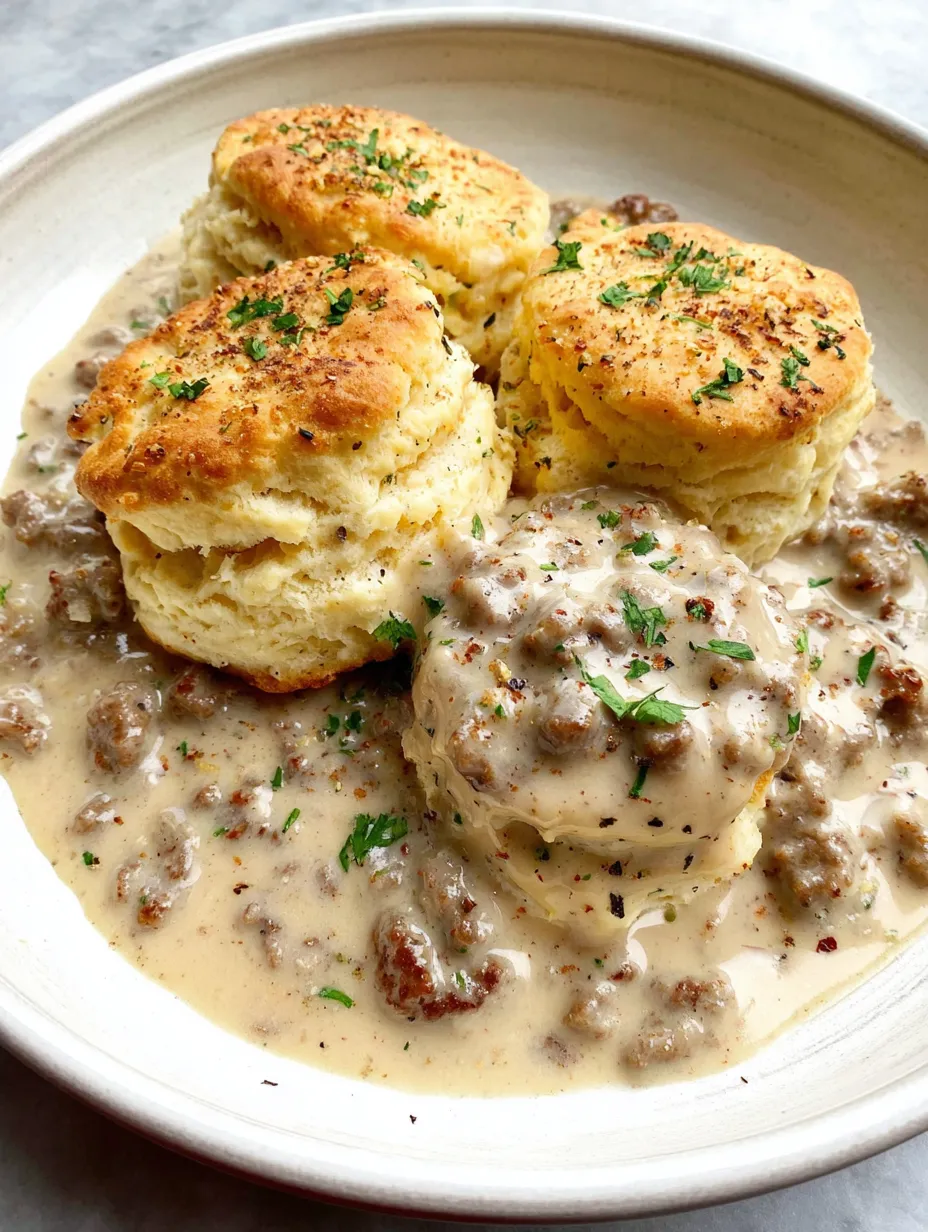 A plate of biscuits and gravy.