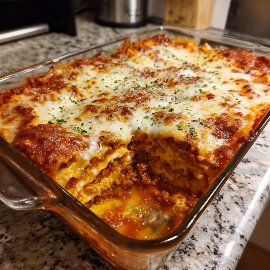 A pan of lasagna is on a counter.