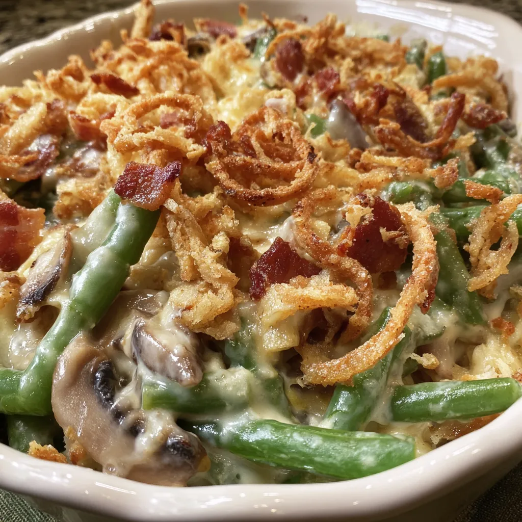 A bowl of food with a green bean casserole.