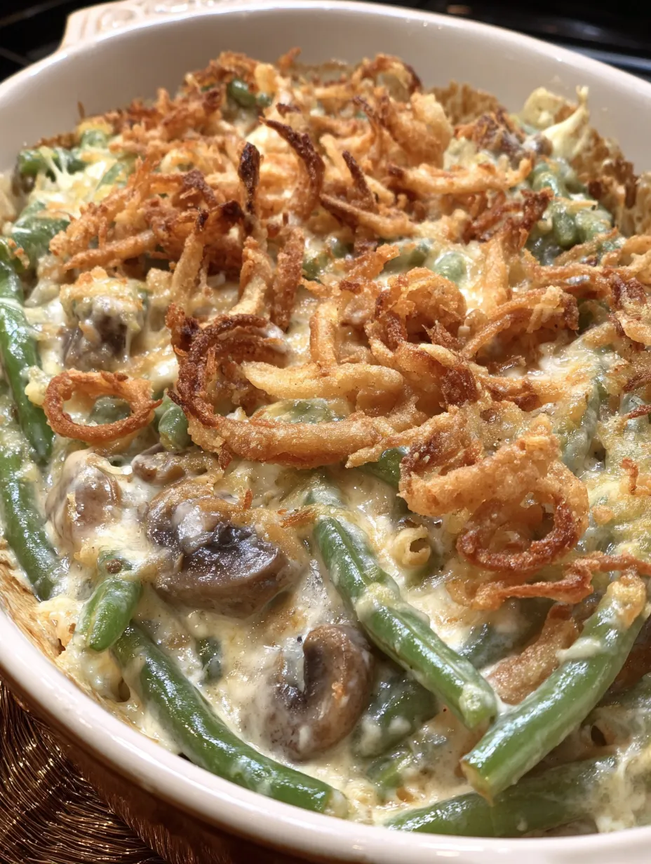 A close up of a green bean casserole.