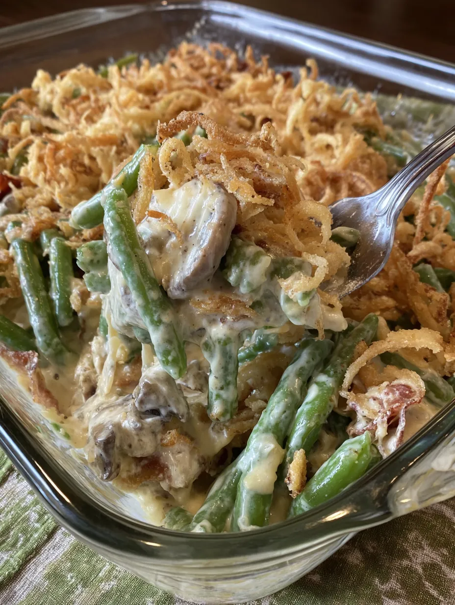 A close up of a green bean casserole with a fork in it.