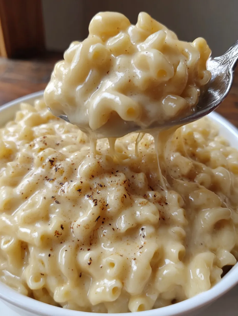 A spoon is in a bowl of creamy macaroni and cheese.