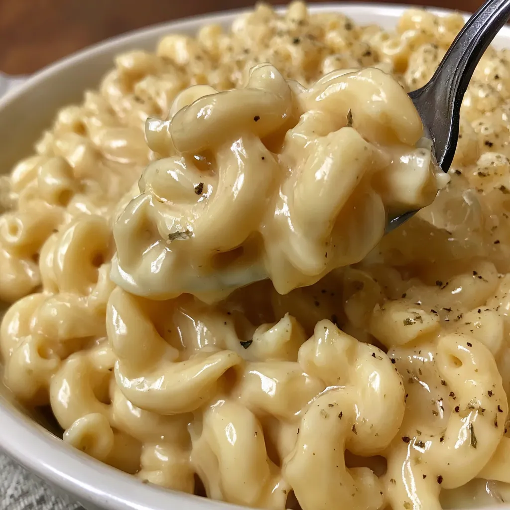 A spoon is in a bowl of creamy macaroni and cheese.