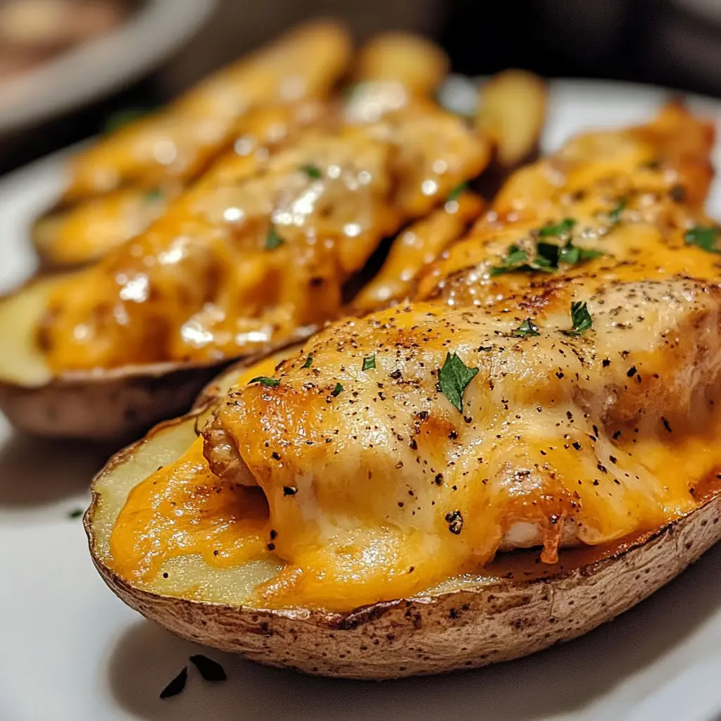 A plate of cheesy chicken potato skins.