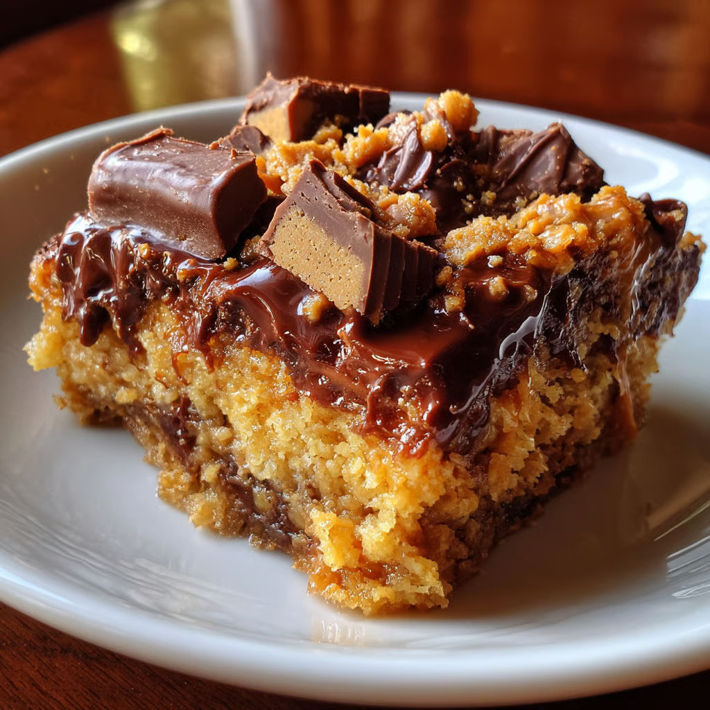 A slice of peanut butter cup dump cake.