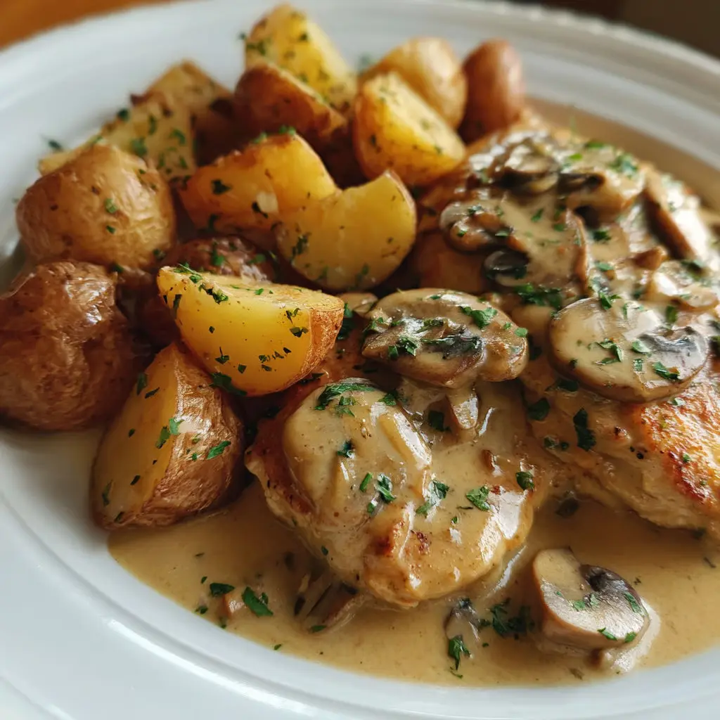 A plate of food with chicken, potatoes, and mushrooms.