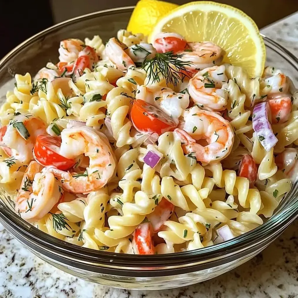 A bowl of seafood pasta with shrimp and crab.
