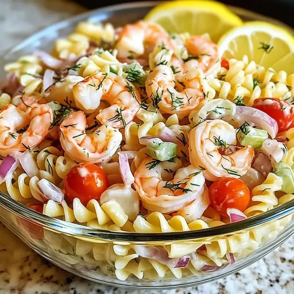 A bowl of seafood pasta with shrimp and crab.