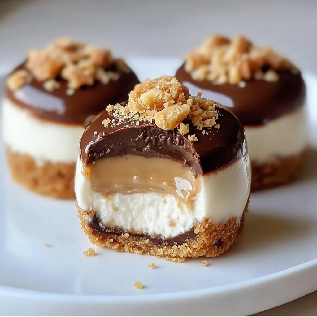 Three chocolate and peanut butter desserts on a plate.