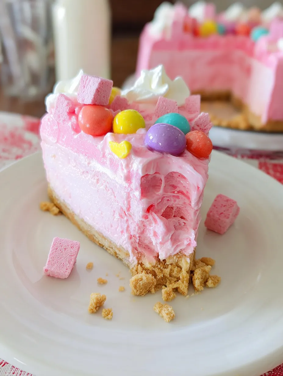 A slice of pink bubblegum cheesecake with candy toppings.