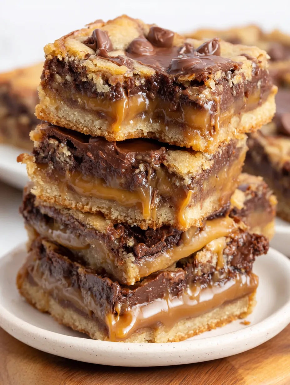 A stack of chocolate bars with caramel drizzle.