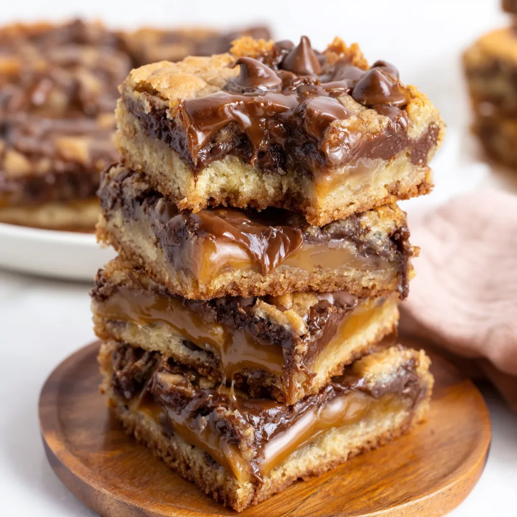 A stack of chocolate bars with caramel drizzle.