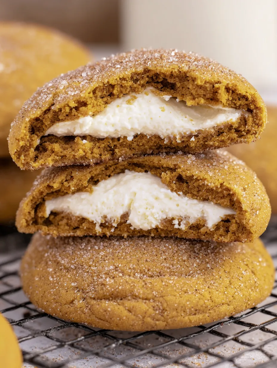 Three soft and chewy pumpkin cheesecake cookies stacked on top of each other.