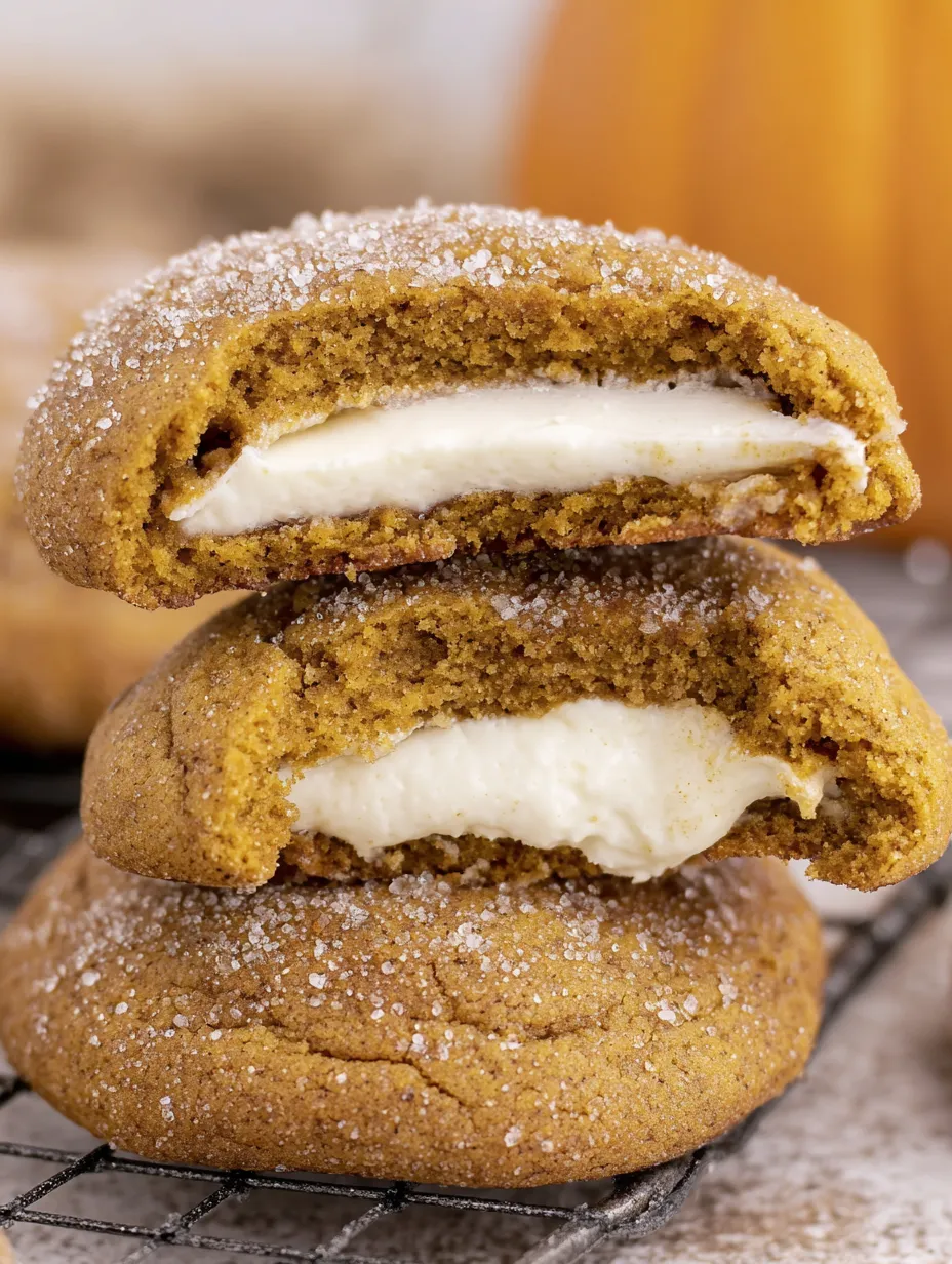 A stack of soft and chewy pumpkin cheesecake cookies.