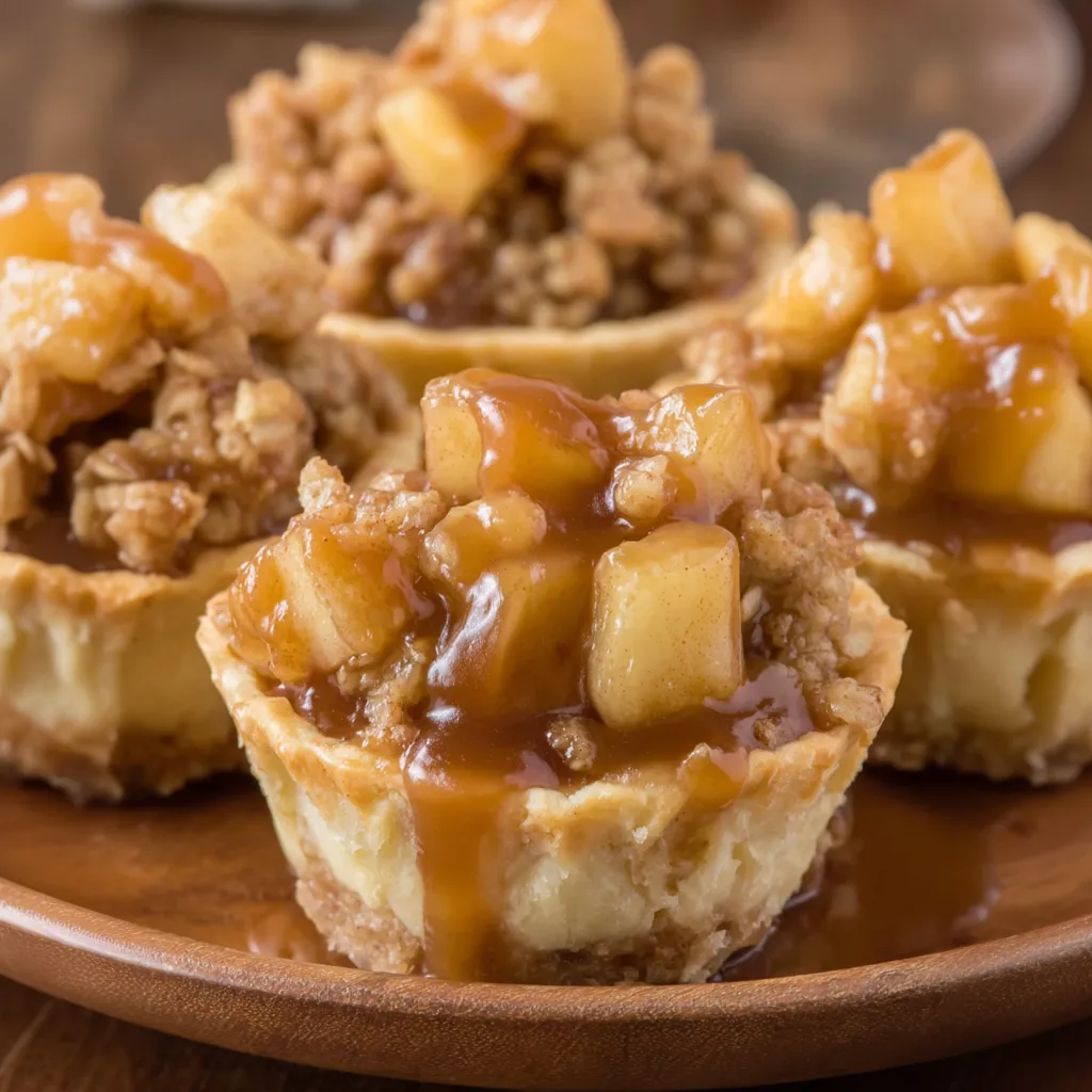 Mini apple crisp bites with caramel sauce.