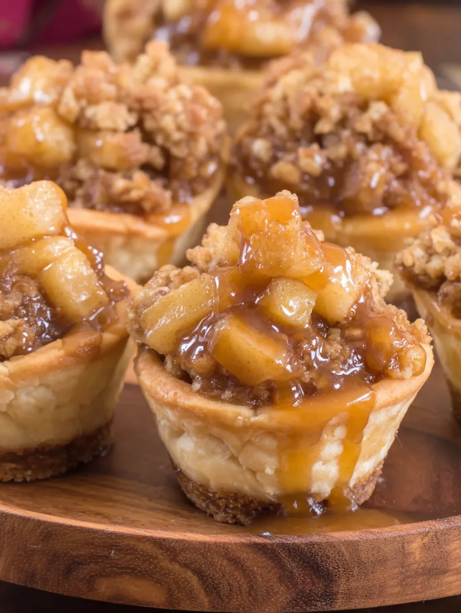 Mini apple crisp bites on a wooden tray.