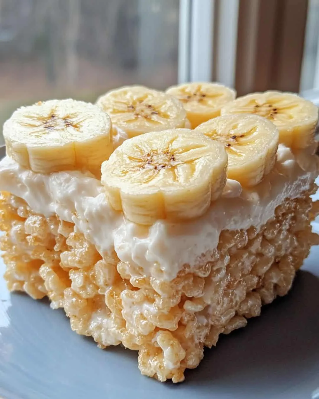 A close up of a dessert made with bananas and rice krispies.