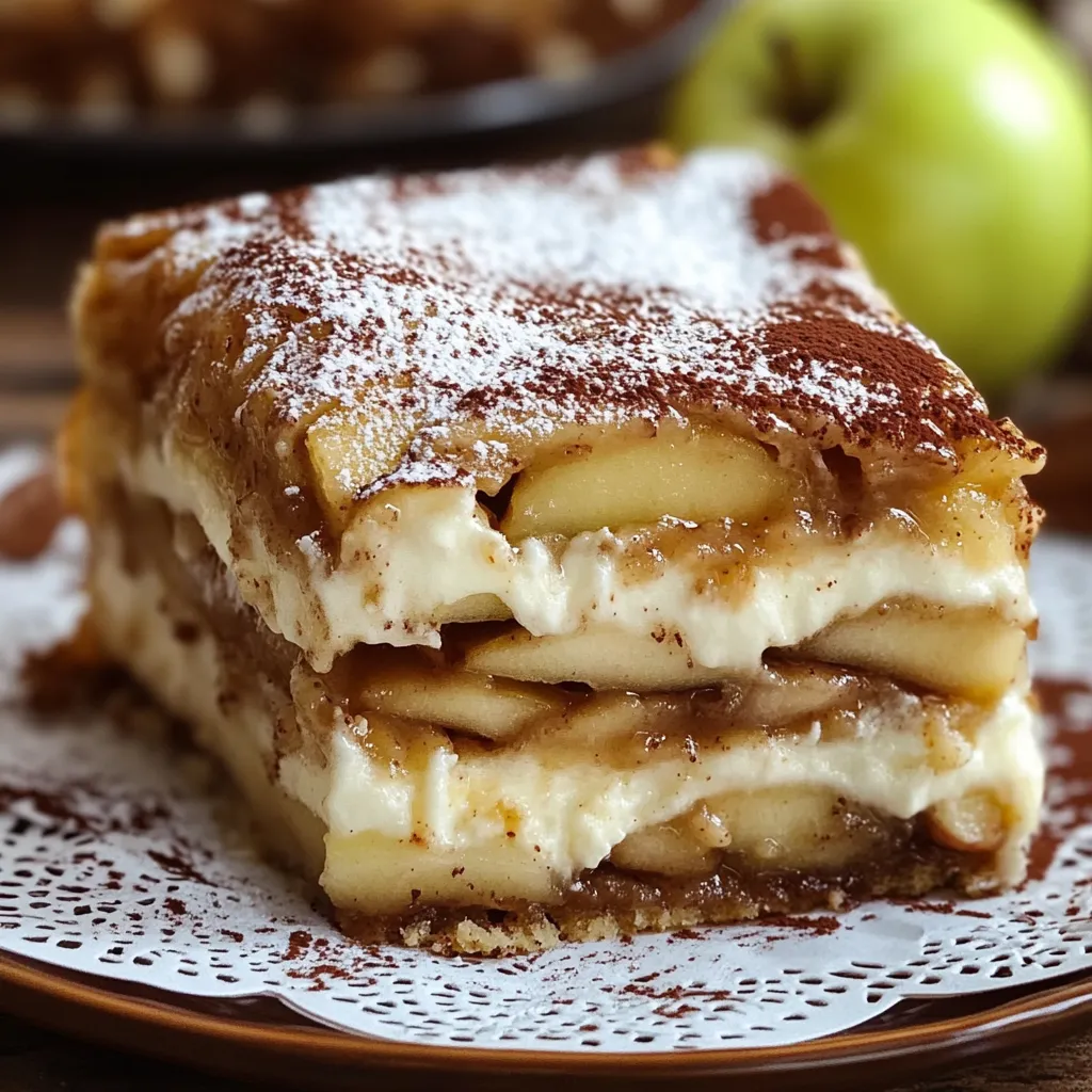 A slice of cake with apples on top.