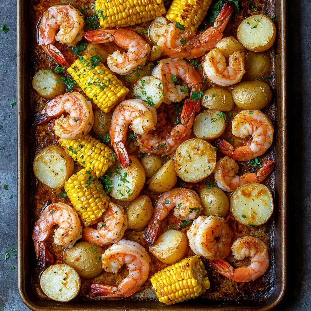 A pan of shrimp and corn.
