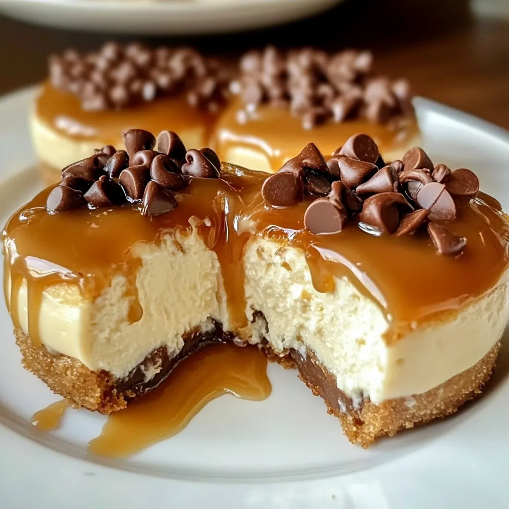 A slice of cake with chocolate chips and caramel sauce.