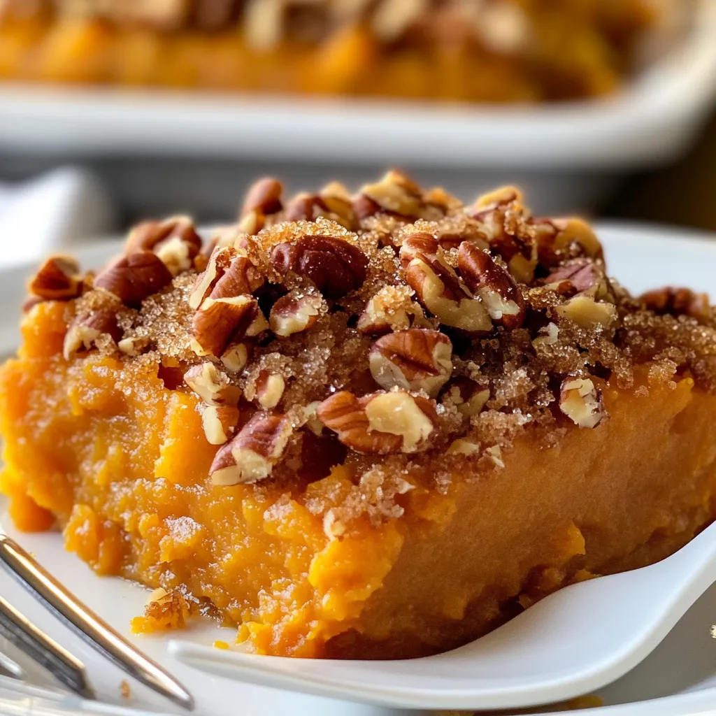 A slice of pumpkin pie with nuts on top.