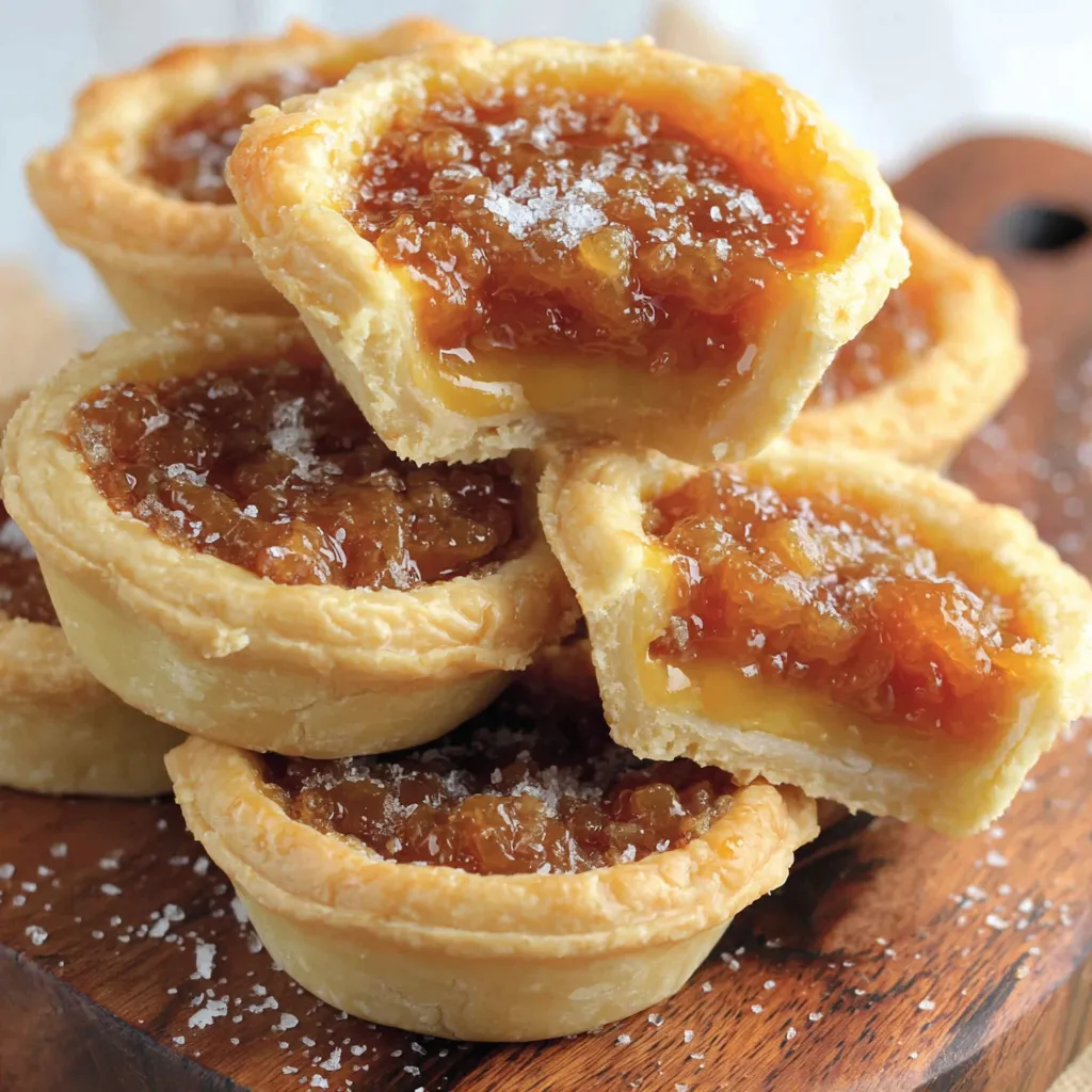A stack of four butter tarts with a dusting of powdered sugar.