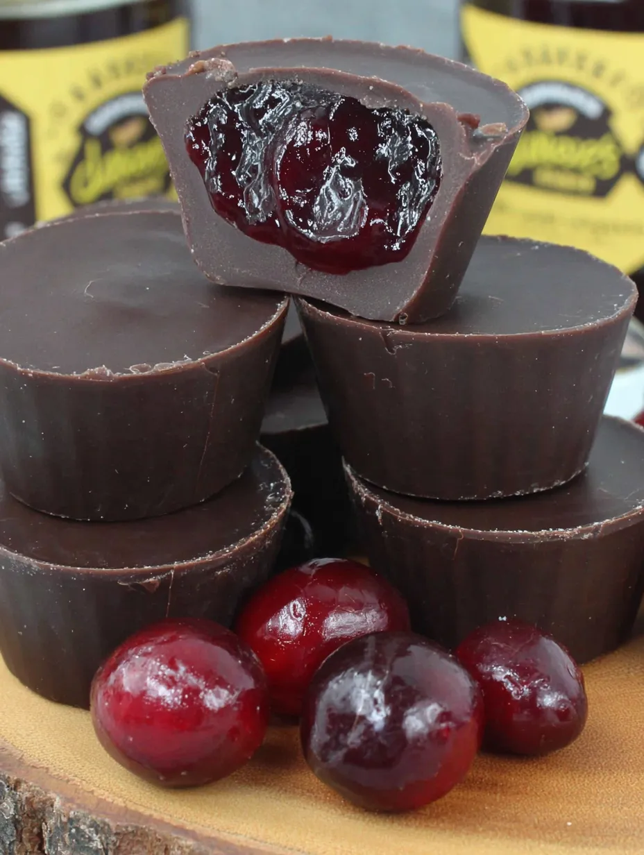 A stack of dark chocolate covered cranberry sauce bites.