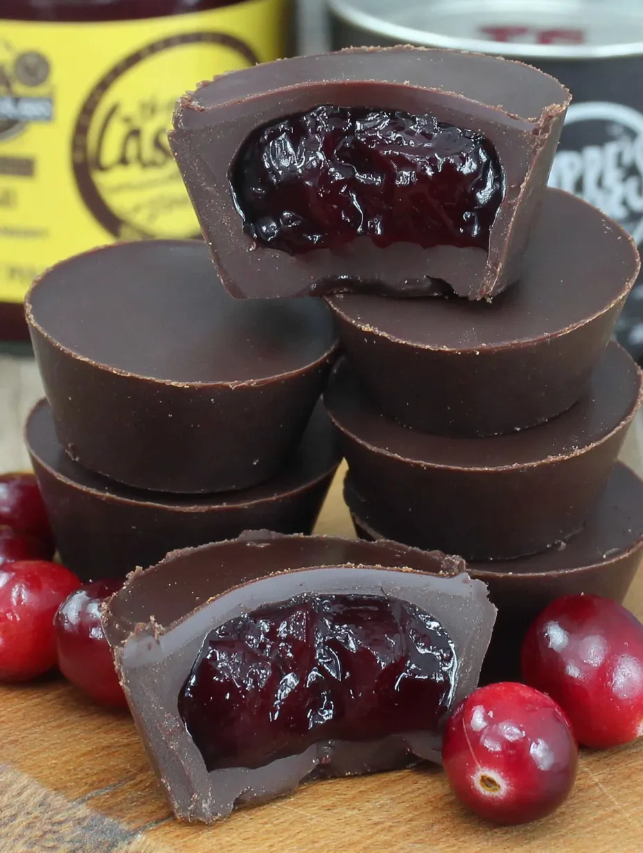 A stack of dark chocolate covered cranberry sauce bites.