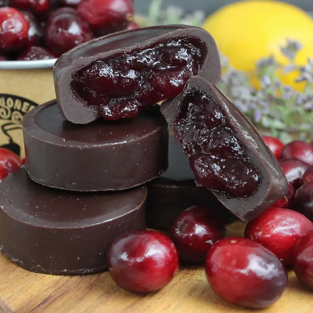A stack of dark chocolate covered cranberry sauce bites.