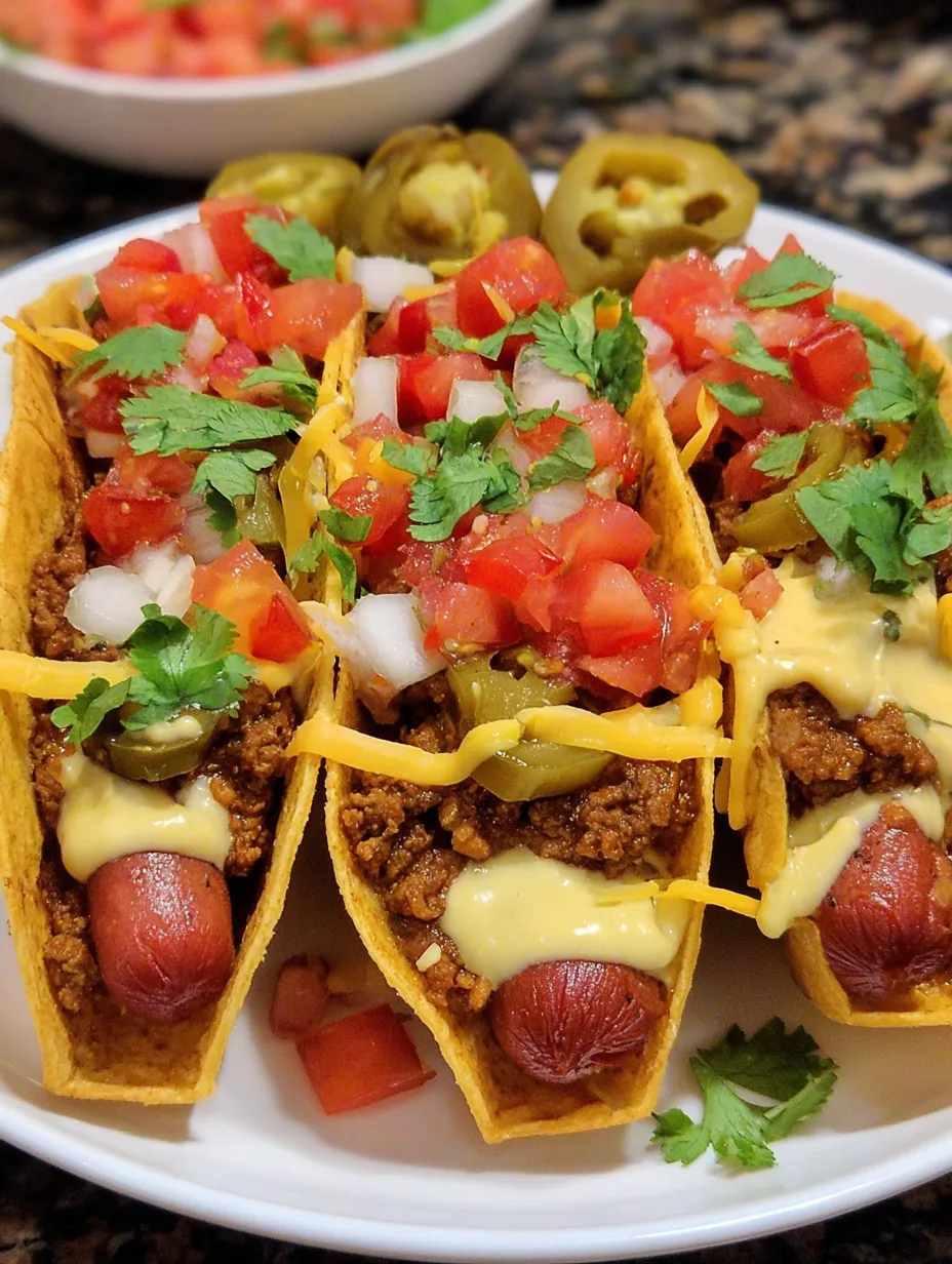 Two tacos with chili and cheese on a plate.