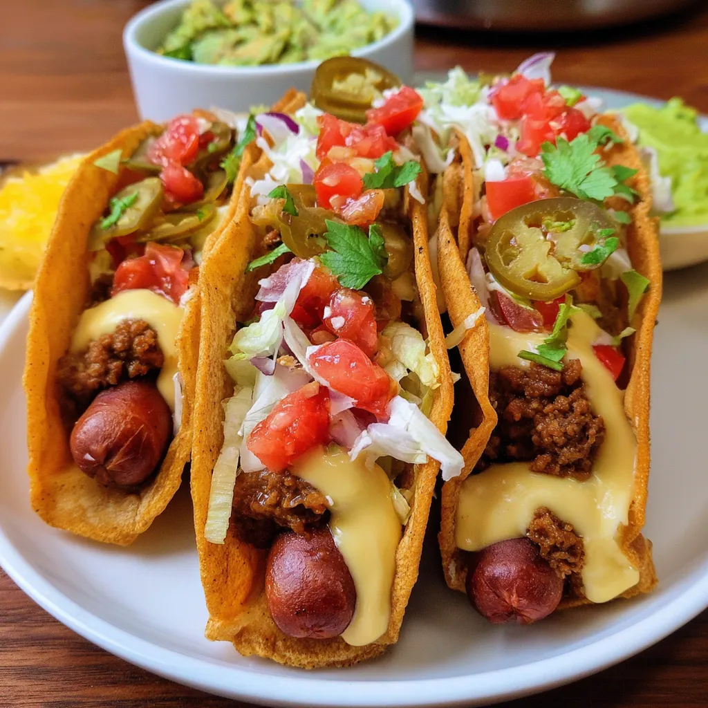 Two tacos with hot dogs in them.