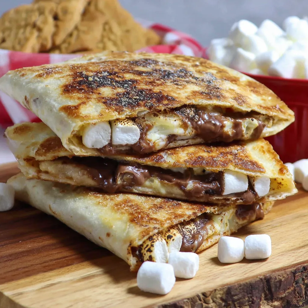 A stack of three sandwiches with marshmallows and chocolate.