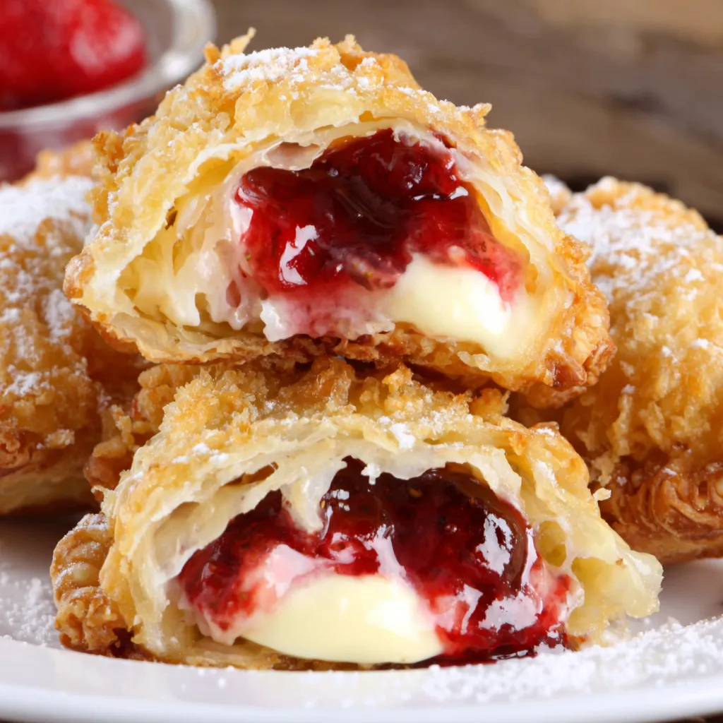 Deep fried strawberry cheesecake pies with powdered sugar.