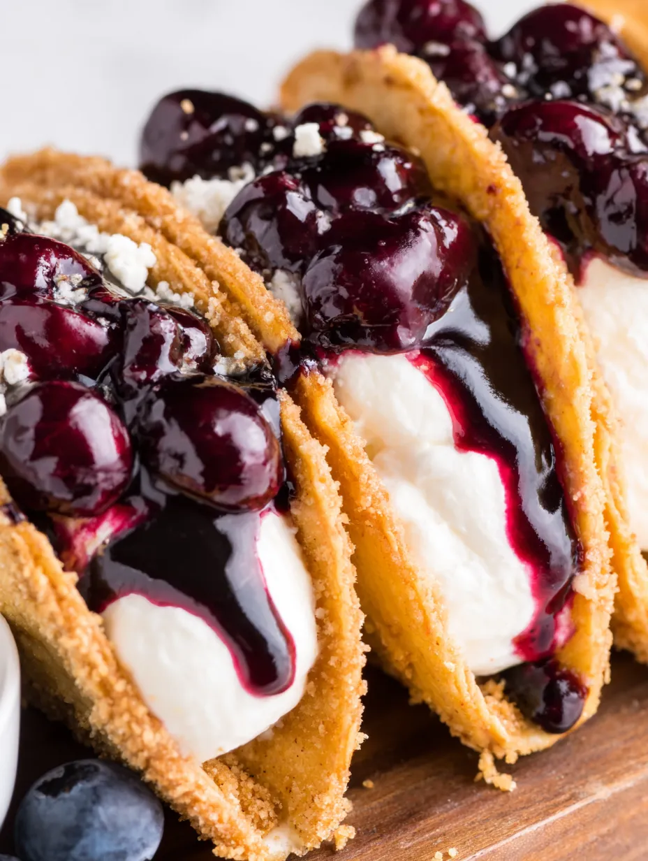 A close up of a blueberry cheesecake taco.