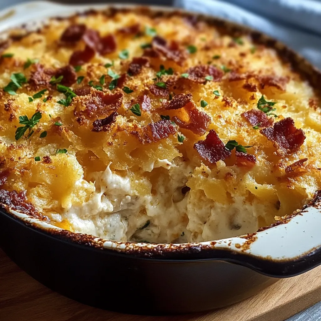 A baked dish with bacon and cheese.