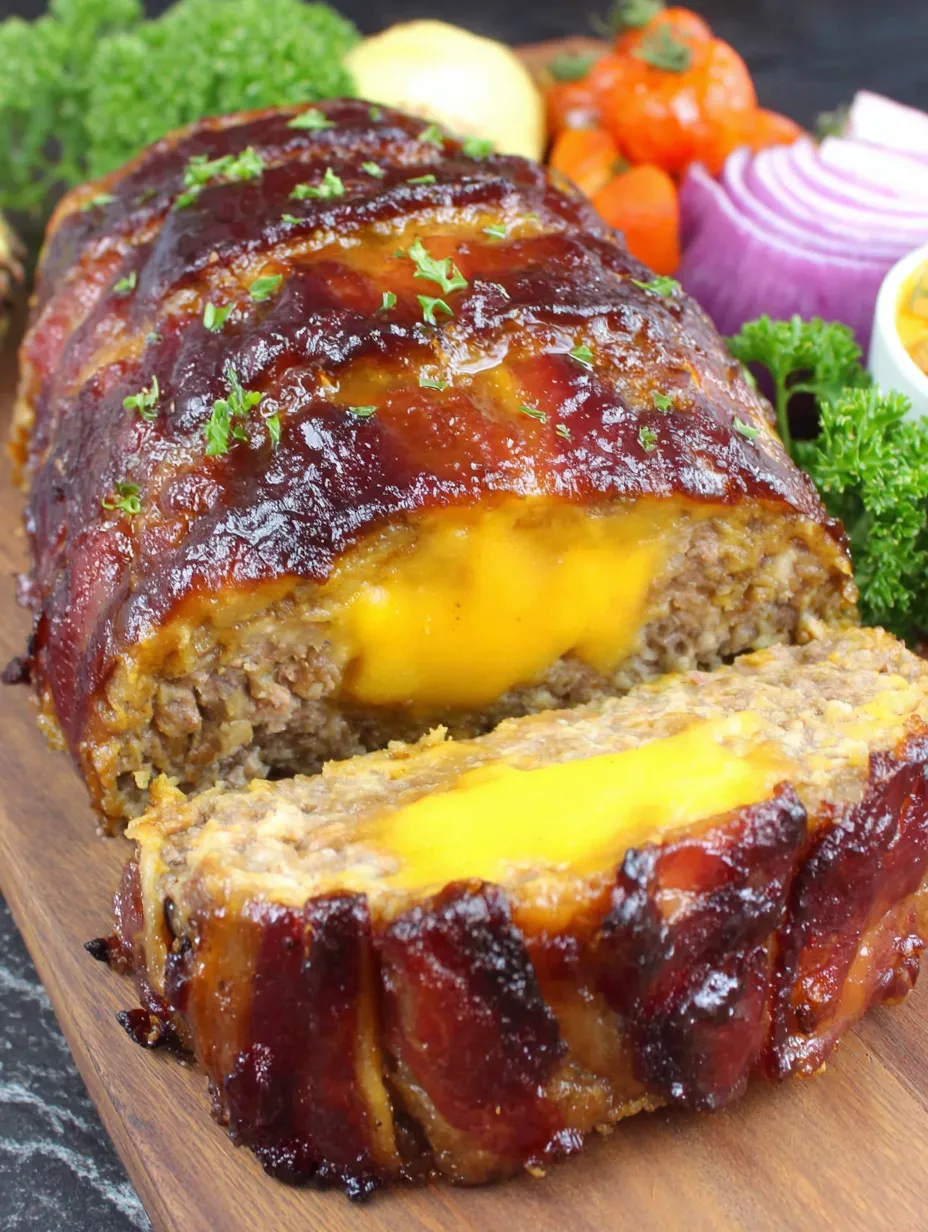 A slice of bacon wrapped meatloaf.