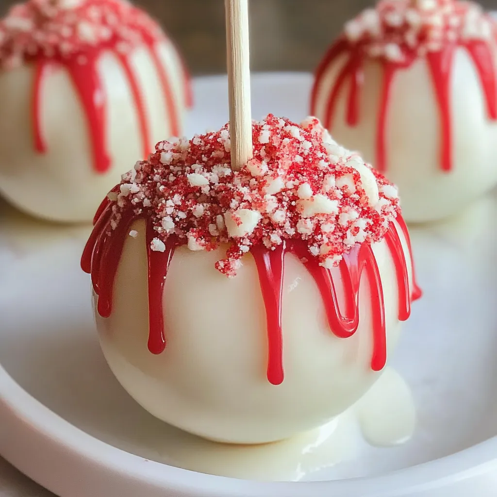 A plate of white and red candy apples.