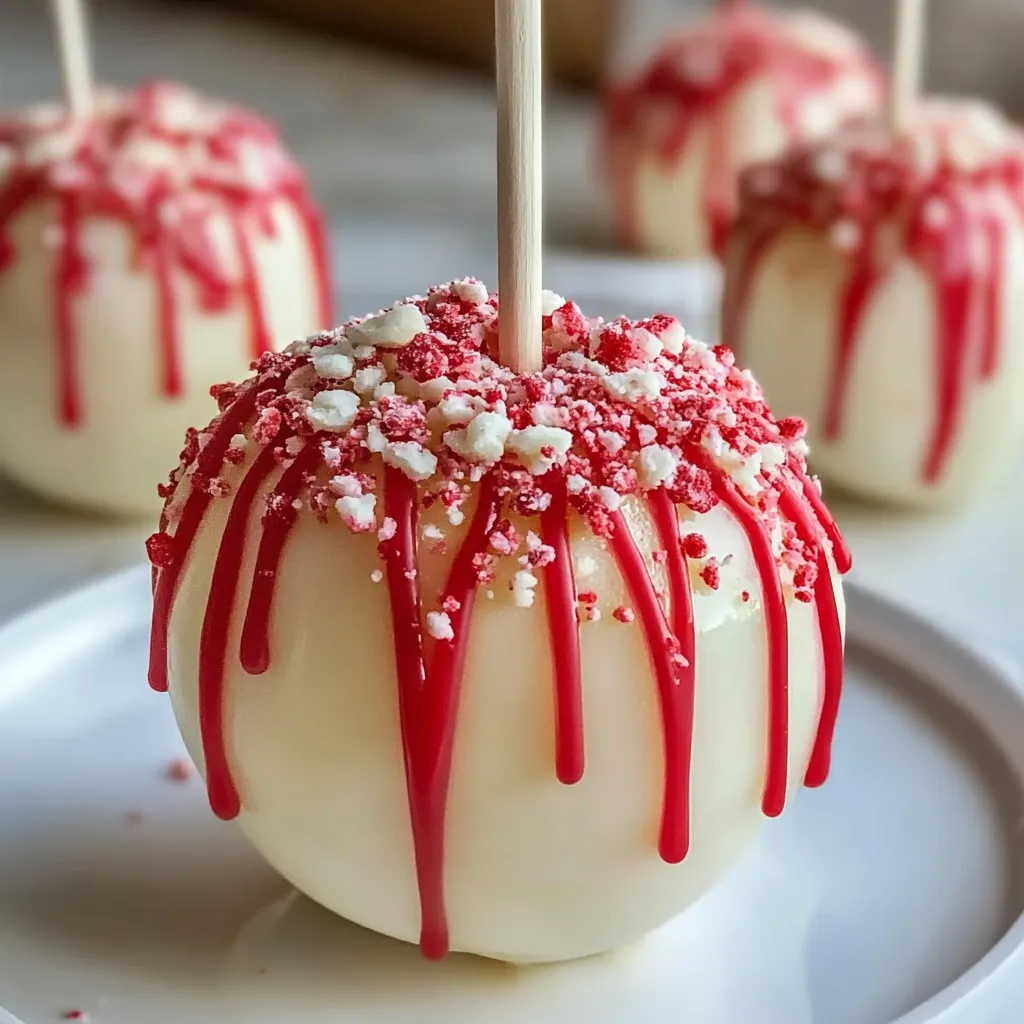A white candy apple with red icing and a stick in it.