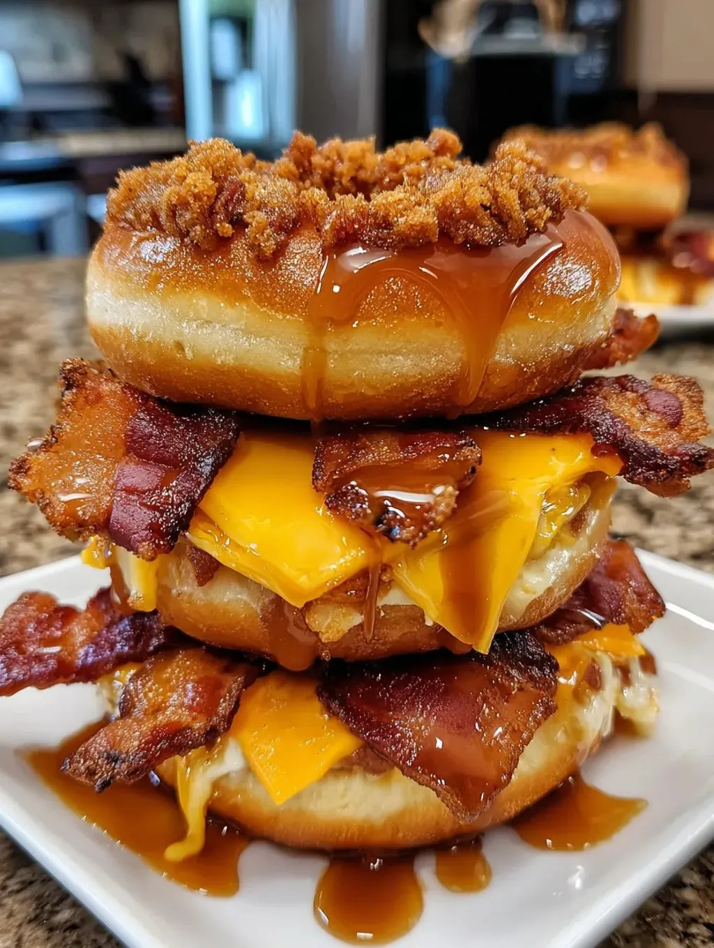 A stack of donuts with bacon and cheese.