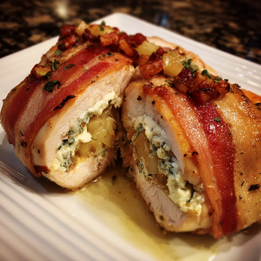A stuffed chicken with bacon wrapped around it.