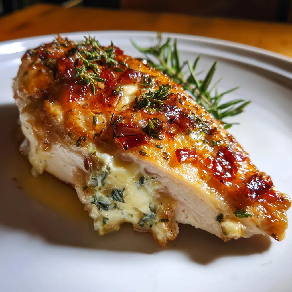 A piece of chicken with a blue cheese stuffing.